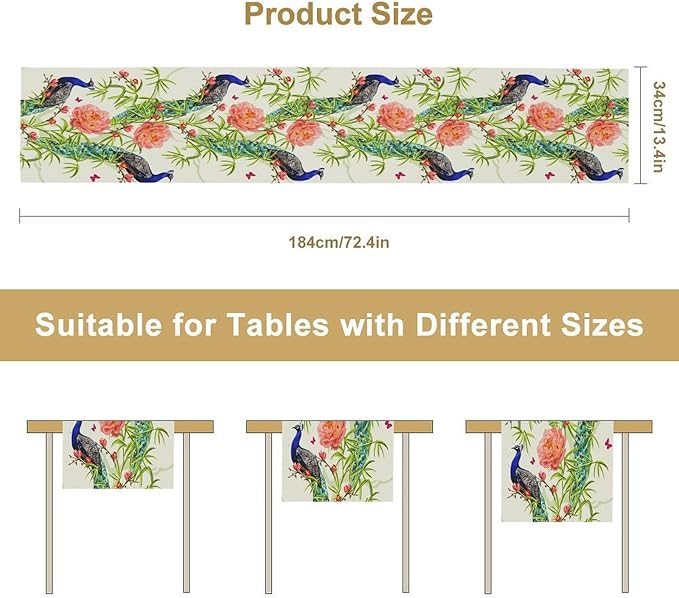 Peacock Table Runner, Seasonal Flower Plants Peacock Birds Table Runner - Image 7