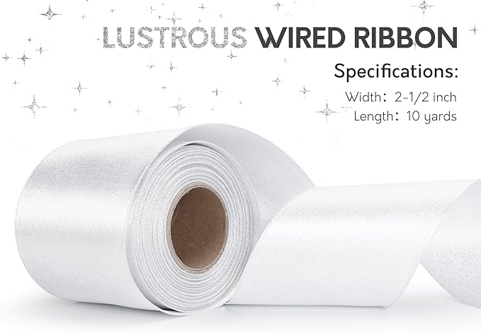 White Satin Wired Ribbon 2-1/2 Inch Double-Faced Sliver Glitter Christmas - Image 3