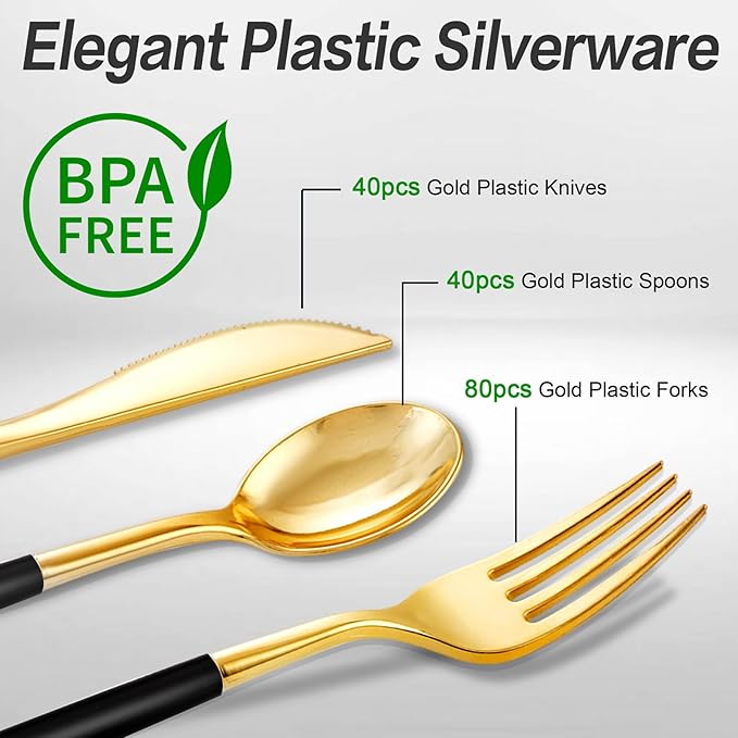 SUT Gold Plastic Silverware Forks and Spoons Disposable, 80 Gold Plastic Forks - Image 4