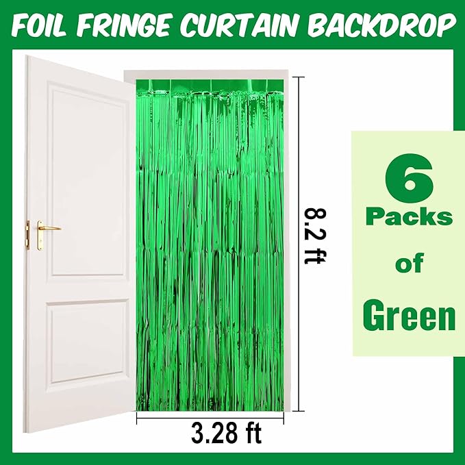 6 Pack Green Foil Fringe Curtains Backdrop, 3.28 x 8.2 Ft Metallic Streamers - Image 2