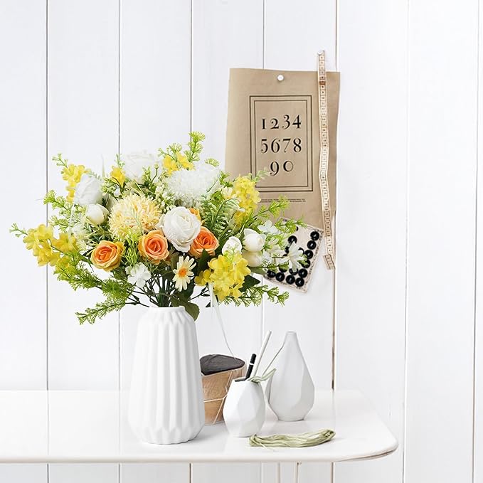 8Pcs Fake Flower Bouquet Artificial Silk Flowers White Yellow Rose Faux Floral - Image 6