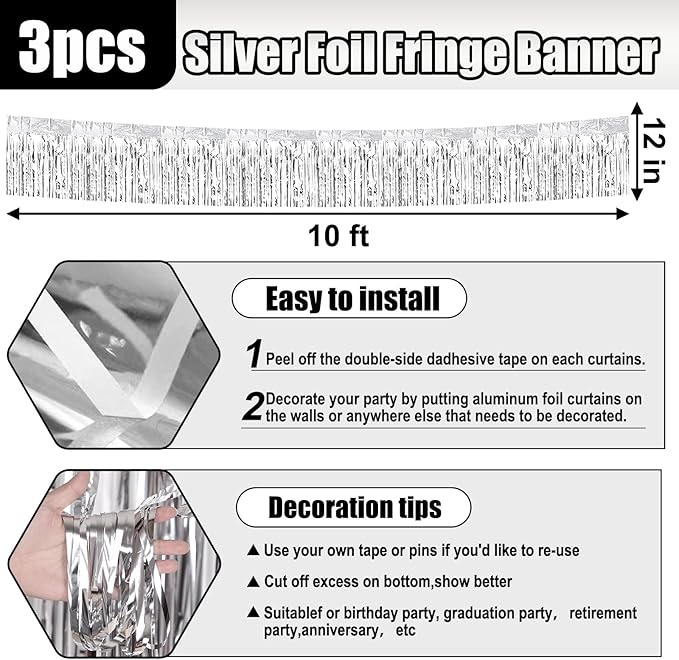 3 Pack 10 Long Silver Metallic Foil Fringe Garland Wall Hanging Tassle Banner - Image 2
