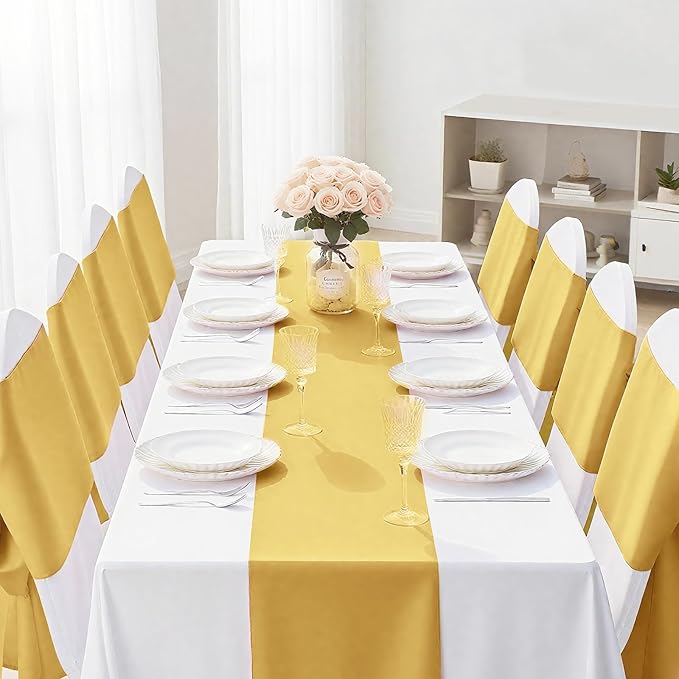 SHEJIZE 10 Pack Light Gold Satin Table Runner 12x108 Inches Long, Bright Silky - Image 2