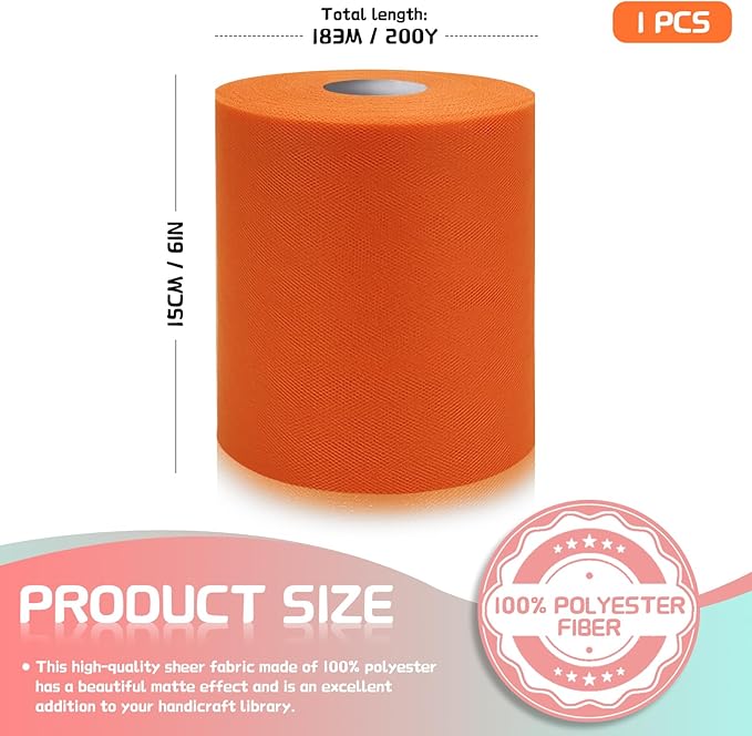 6" x 200 Yards Orange Tulle Fabric Rolls - Image 2