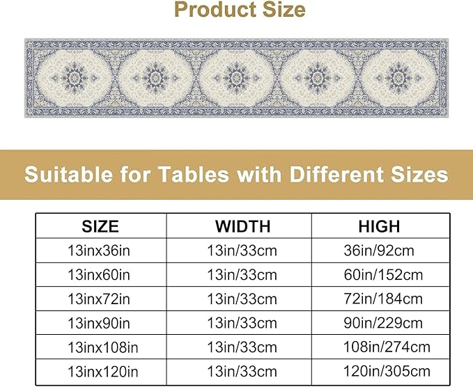 Boho Bohemia Style Table Runner, Vintage Blue Gold Retro Flower Rustic Country - Image 2