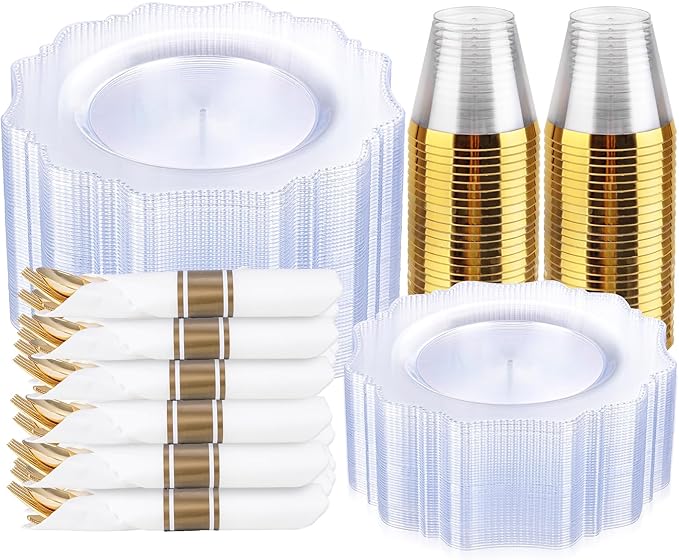 COLOSUS 350pcs Clear Plastic Plates Disposable Gold Cutlery Dinnerware set by COLOSUS