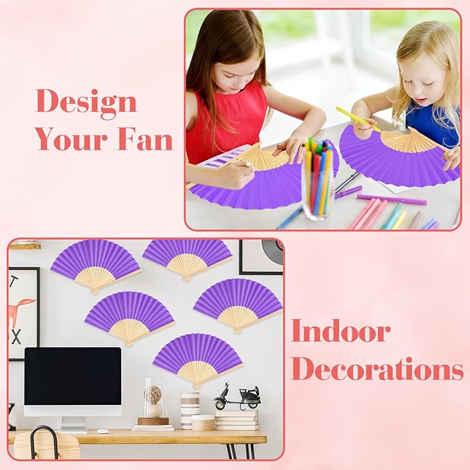 6 Pieces Purple Hand Held Bamboo Folding Fans Foldable Paper Fans Handheld - Image 4
