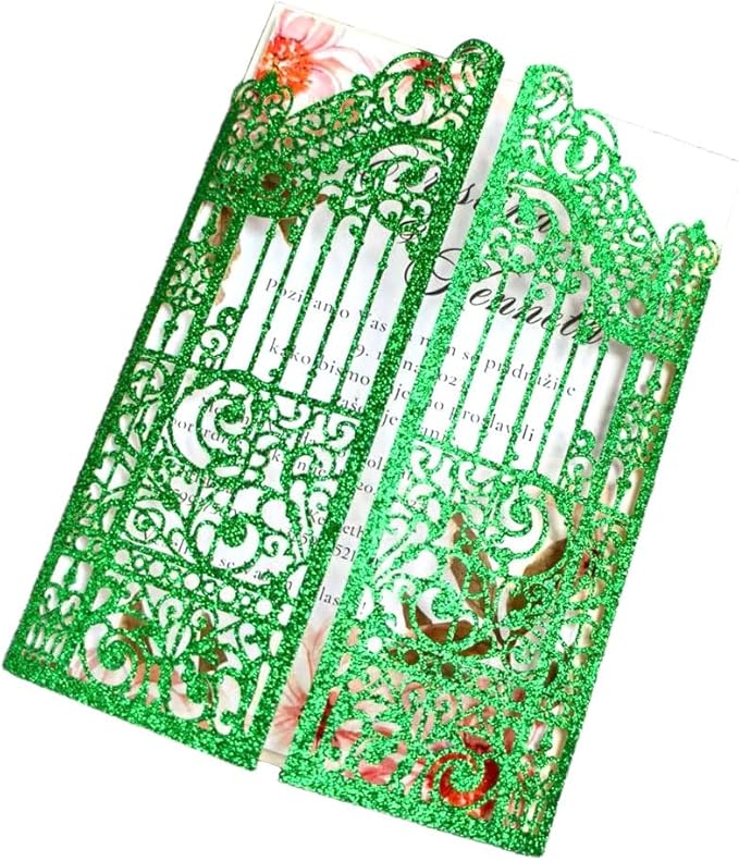 MillaSaw Glitter Green Gate Invitation Sleeve, Laser Cut Catle Invitation - Image 6