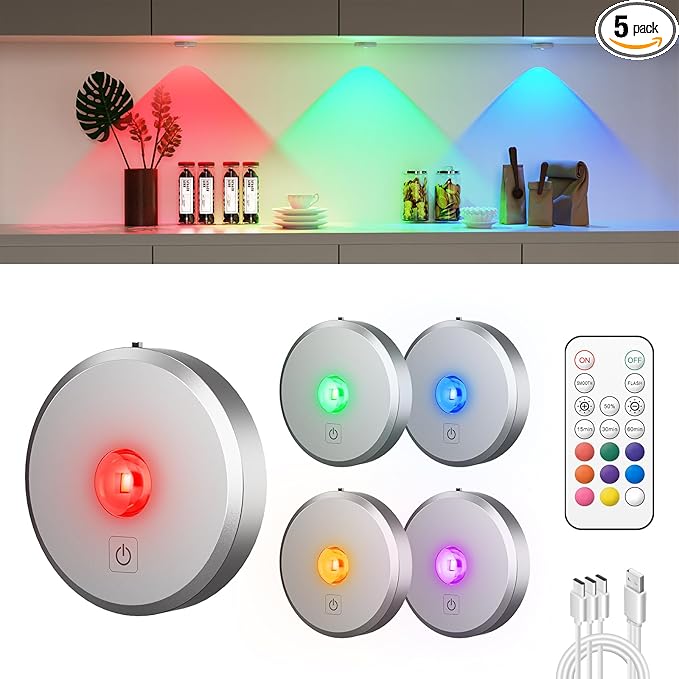 RGB Puck Lights with Remote Control, 2000mAh Rechargeable Stick on Led Lights by MEKKLEON