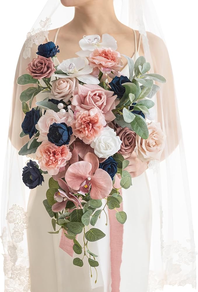 Ling's moment Dusty Rose Navy Blue Bridal Bouquet Cascading, 15 Inch Silk by LingsMoment
