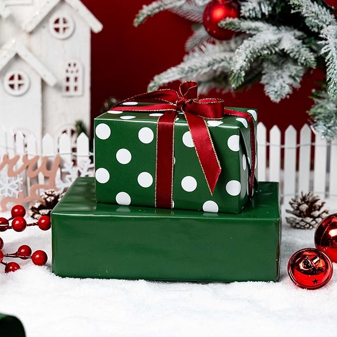Burymento Green and White Dots Wrapping Paper, Reversible Pink Gift Wrap - Image 3
