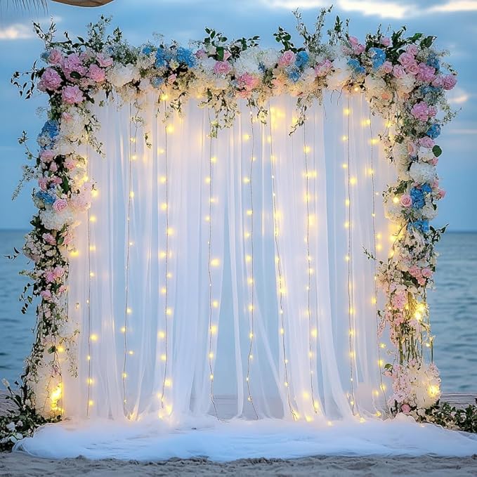 Tulle Backdrop Curtain with Lights String 20 X 10FT White Sheer Tulle Backdrop - Image 6