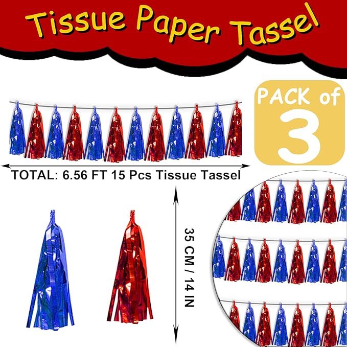3P Blue Red Metallic Fringe Tassel Banner Garland Foil Tinsel Streamer Wall - Image 2