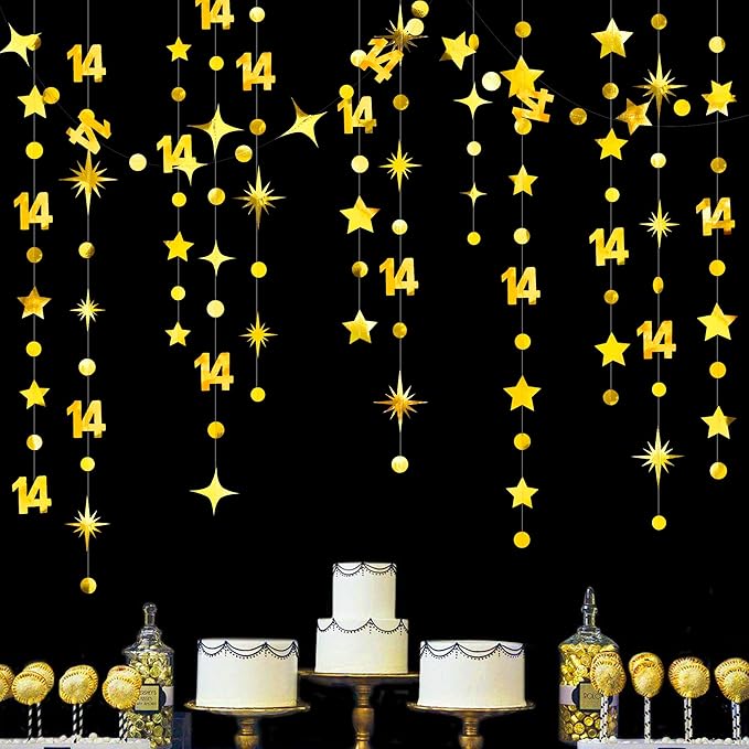 Gold 14th Birthday Decorations Number 14 Circle Dot Star Garland Metallic - Image 5