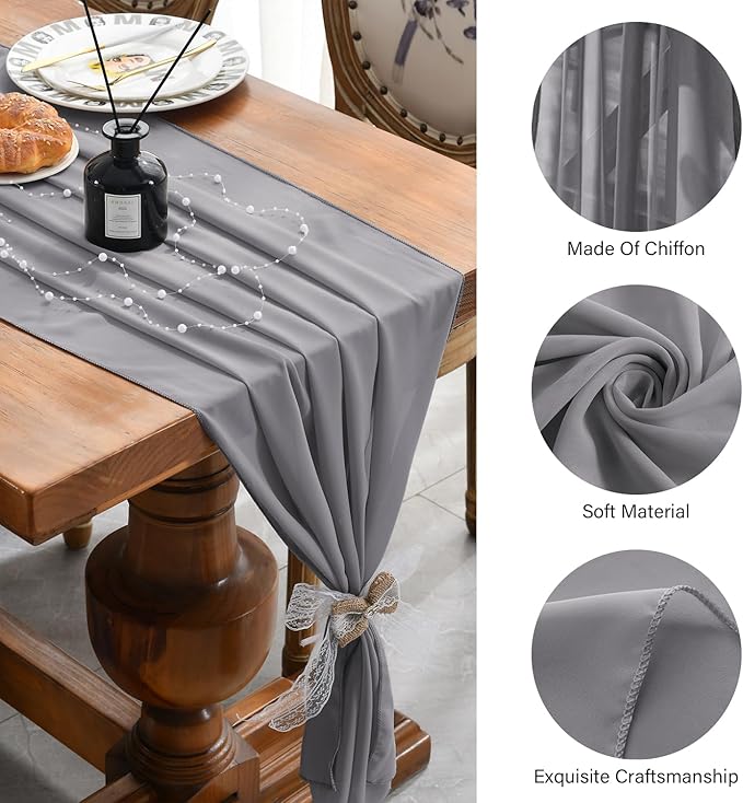 2 Pack 10 Ft Chiffon Table Runner Grey Gauze Long Table Runners 27x120 Inches - Image 6