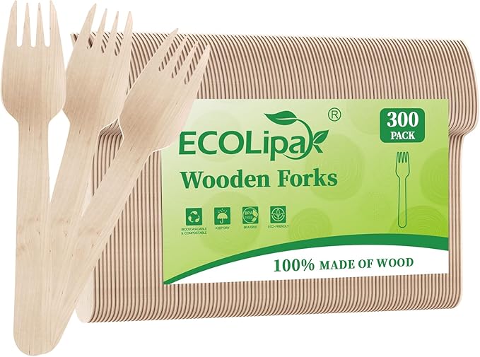 ECOLipak 300 Count Wooden Forks Disposable, Wooden Disposable Compostable Forks by ECOLipak