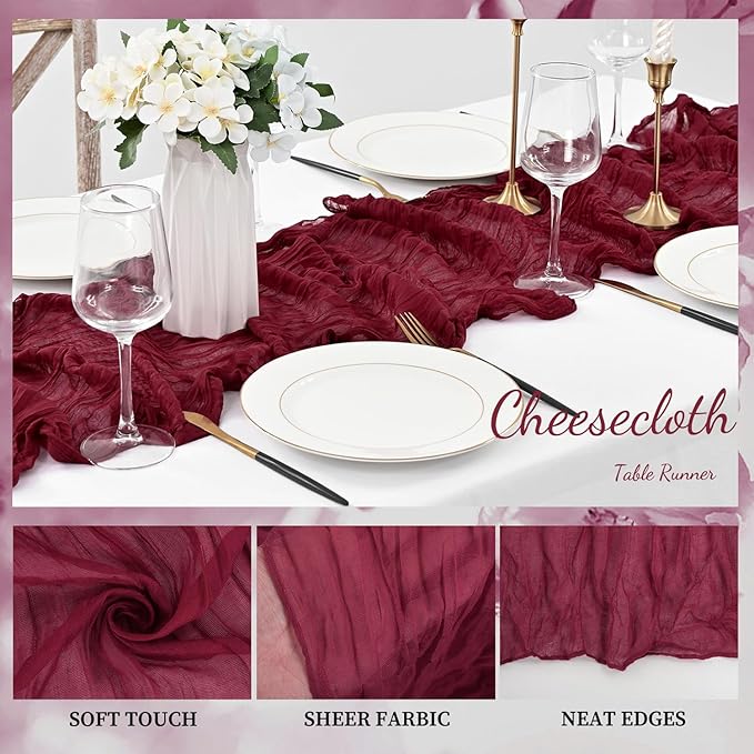 Burgundy 20 Pack Cheesecloth Table Runner 10FT Rustic Gauze Cheese Cloth Table - Image 3