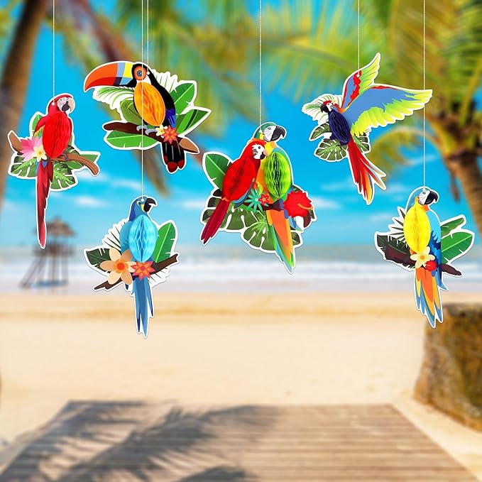 6Pieces Tropical Birds Honeycomb Parrot Paper Cutouts Decorations, Hawaiian - Image 2
