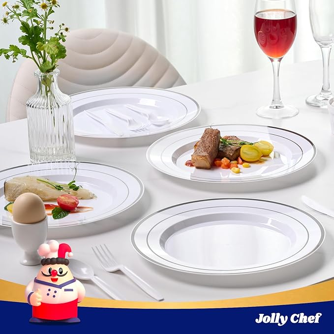 JOLLY CHEF 100 Pieces Silver Plastic Plates, 10 Inch Elegant Disposable White - Image 3