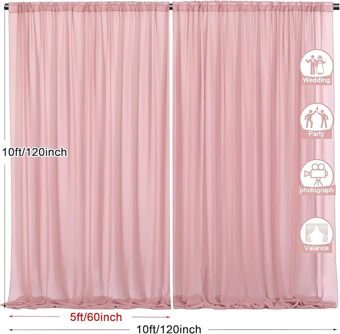 PARTISKY 10ftx10ft Dusty Rose Chiffon Sheer Backdrop Curtains, Wrinkle-Free - Image 3