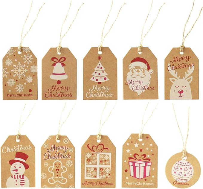 100 Pack Brown Kraft Paper Christmas Gift Tags， Xmas Brown Kraft Gift Tags - Image 3