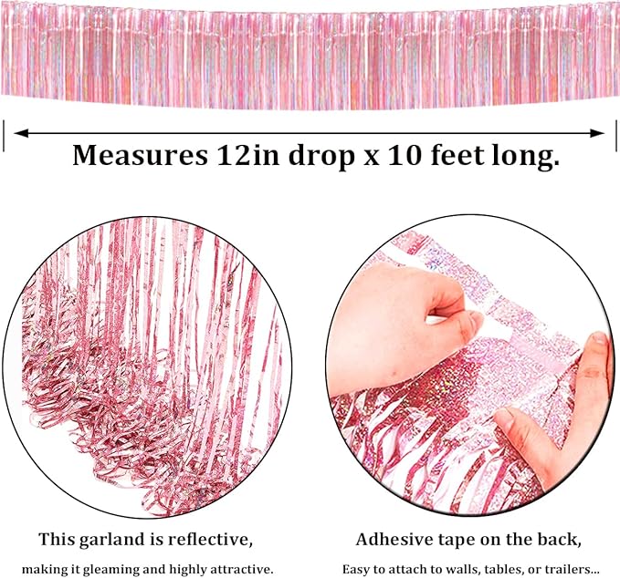 4 Pack Iridescent Pink Total 40 Feet Foil Fringe Garland Metallic Tinsel Banner - Image 2