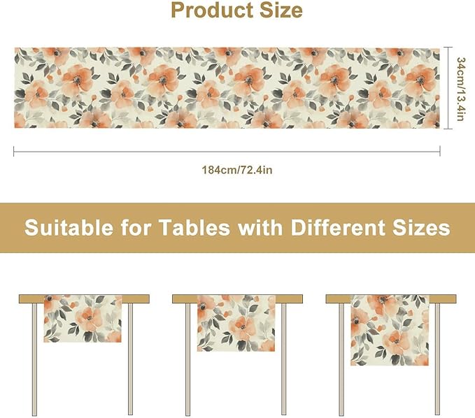 Floral Fall Table Runner, Rustic Watercolor Orange Flowers Seasonal Summer - Image 2