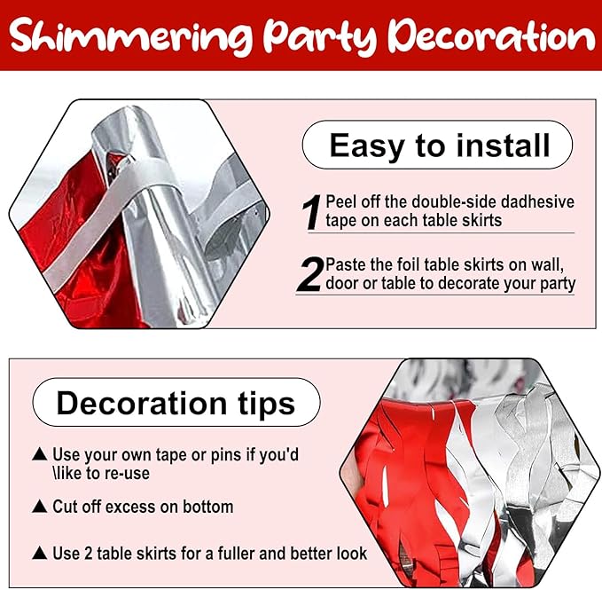 6 Pack 29 x108 Inch Red Silver Wave Foil Fringe Table Skirts Metallic Banner - Image 3