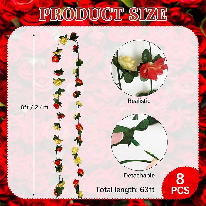8Pcs 63Ft Pink&Yellow Rose Garland, Fake Rose Hanging Flowers, Artificial - Image 2