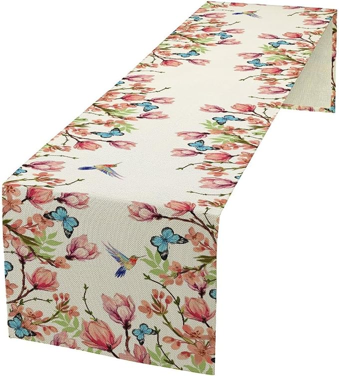 Flowers Table Runner, Floral Bird Butterfly Spring Table Cloth Kitchen Dining by Unknown