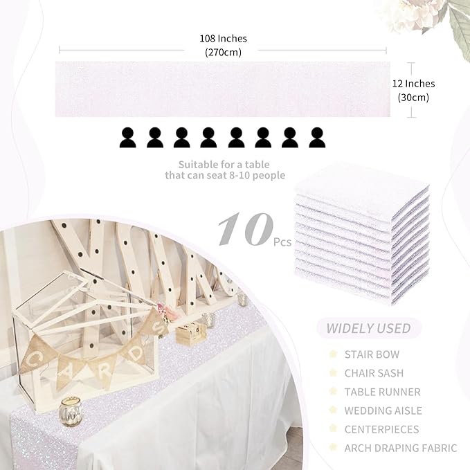 White Iridescent Sequin Table Runners 10 Pieces 12x108 Inches Glitter Table - Image 2