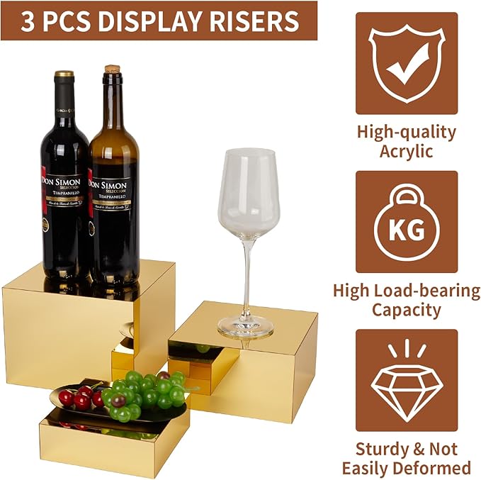 3 Pcs Acrylic Risers for Display, Acrylic Cube Boxes Gold Risers Food Display - Image 3