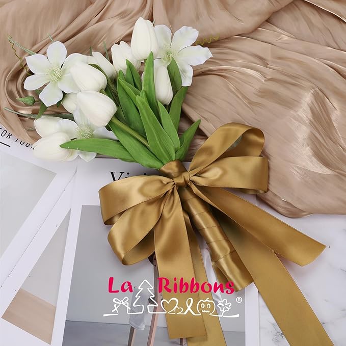 LaRibbons Pale Gold Satin Ribbon 1 Inch 25 Yards Double Faced Gold Silk Ribbon - Image 2