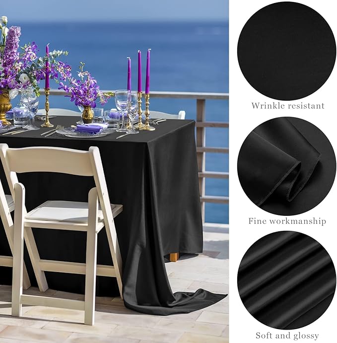 TURSTIN 4 Packs Black Satin Tablecloth 102 x 58 Inch Overlay Satin Table Cover - Image 3