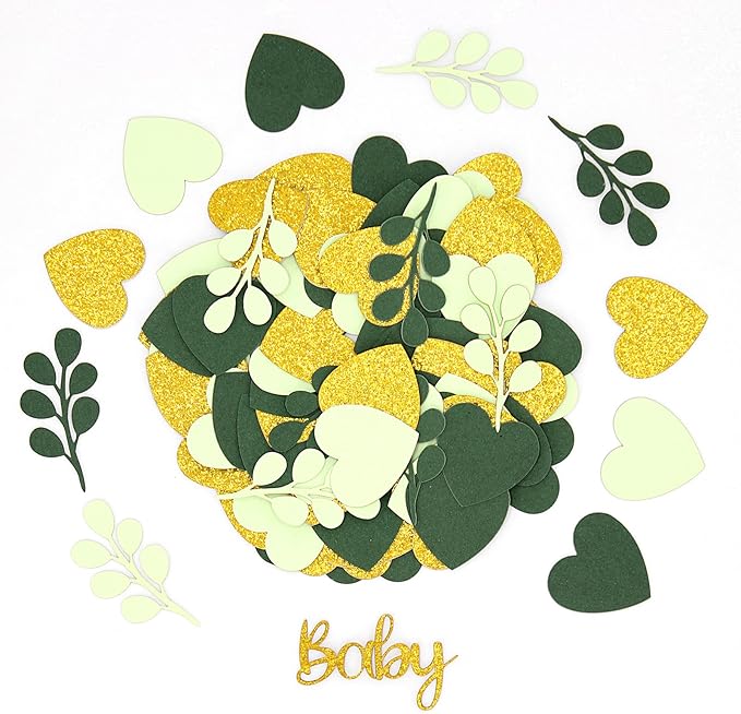 200PC Sage Green Baby Shower Confetti Green Gold Glitter Heart Table Confetti - Image 6