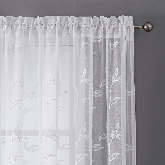 VISIONTEX White Sheer Voile Curtains, Decorative White Embroidery Faux Linen - Image 3