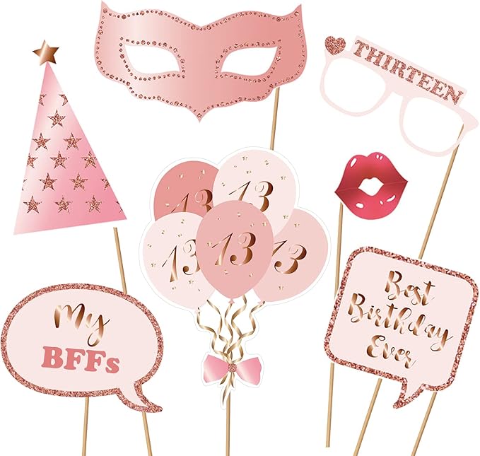13th Birthday Party Photo Booth Props and Signs, Rose Gold 13 Birthday Party - Image 3