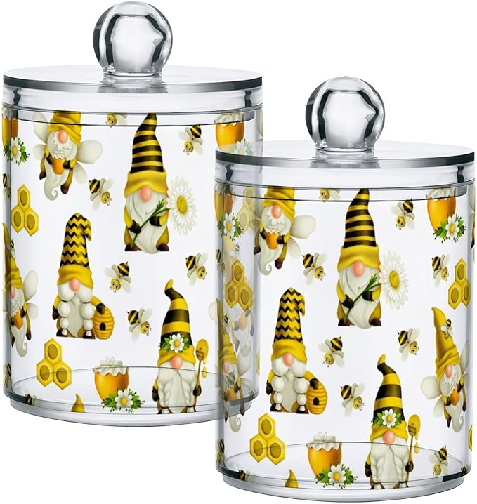 Qtip Holder Dispenser 4 Pack Gnome Bees Flying Dwarf Daisy Apothecary Jars - Image 2