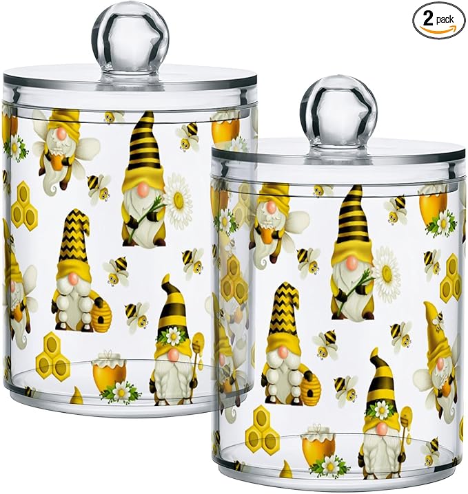 Qtip Holder Dispenser 2 Pack Gnome Bees Flying Dwarf Daisy Apothecary Jars by Gredecor