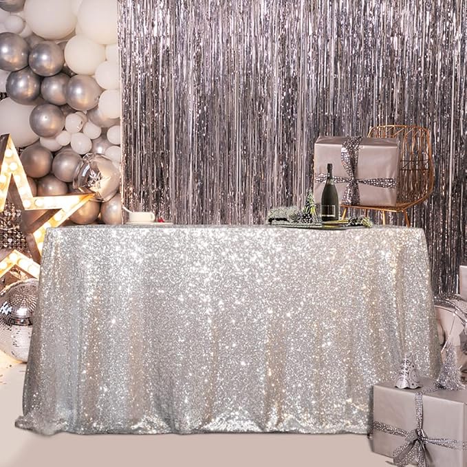 SquarePie Sequin Tablecloth 50 x 72 Inch Silver Sparkly Table Cloth - Image 7