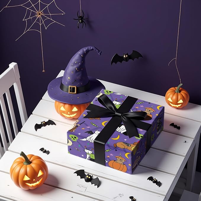 LeZakaa Halloween Purple Animal Wrapping Paper Roll, Cat Dog in Halloween - Image 2