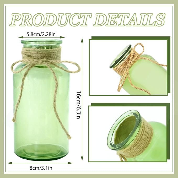 Vintage Glass Flower Vase，12 Pack Green Farmhouse Glass Centerpiece Vases Mason - Image 2