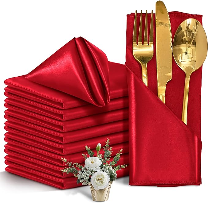 12 Pieces Red Satin Napkins, Silky Soft Smooth Washable Napkins by Eychei