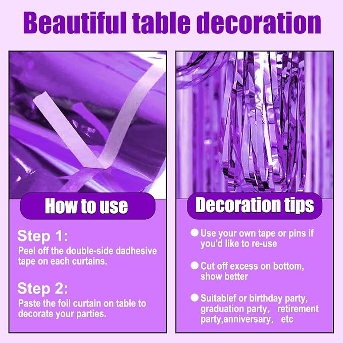 3 Pack 29 x108 Inch Purple Foil Fringe Table Skirts Metallic Banner - Image 3