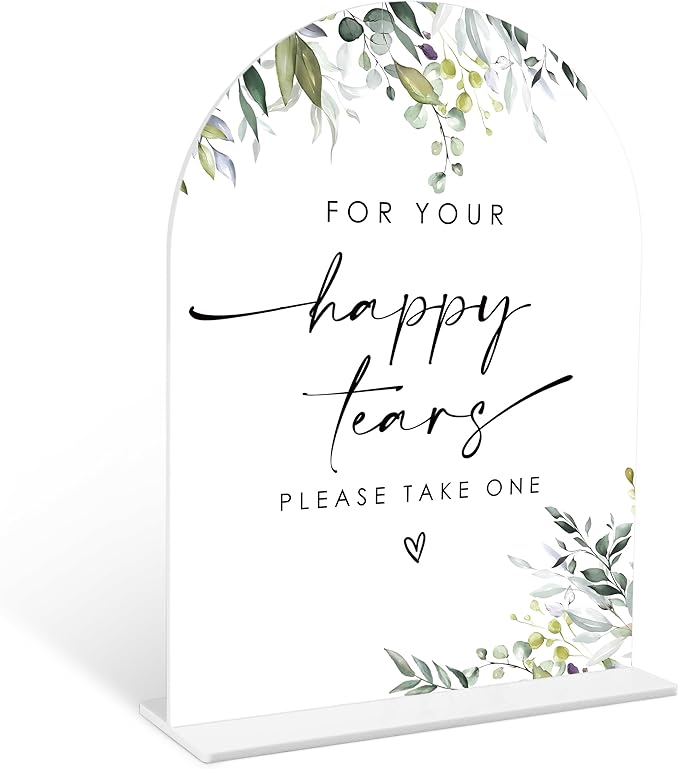 Greenery Happy Tears Tissue Sign, 6 x 8 Inch White Arch Acrylic Wedding Sign by Qoqxjodd
