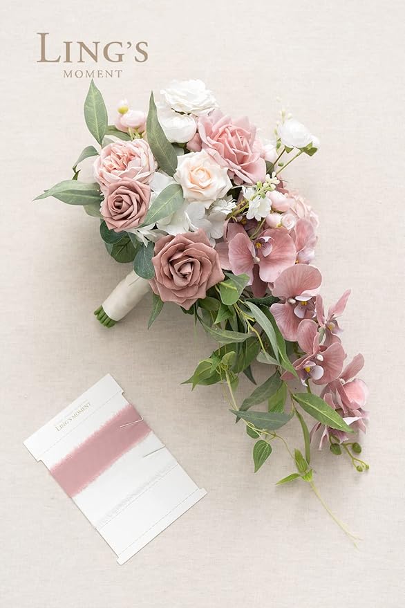 Ling's moment Dusty Rose Bridal Bouquet Cascading, 15 Inch Bride Bouquet - Image 8