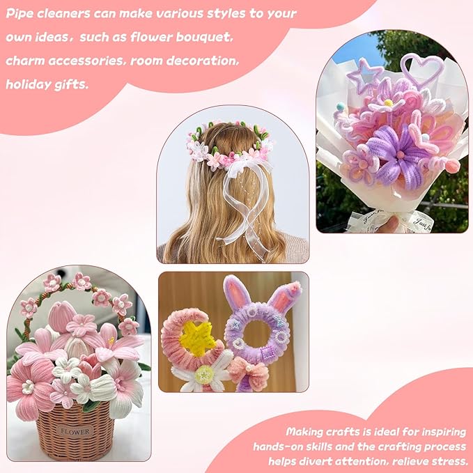 400 Pcs Soft Craft Pipe Cleaners Flowers, 4 Colors Chenille Stems Bulk - Image 2