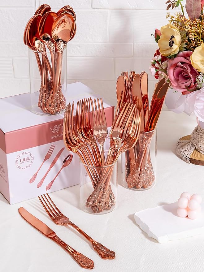WDF 120Pieces Rose Gold Plastic Silverware - Image 6