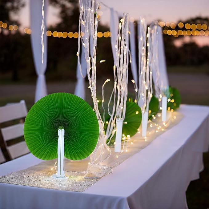 12 Packs Decorative Paper Folding Hand Fans Handheld, Grass Green Round - Image 3