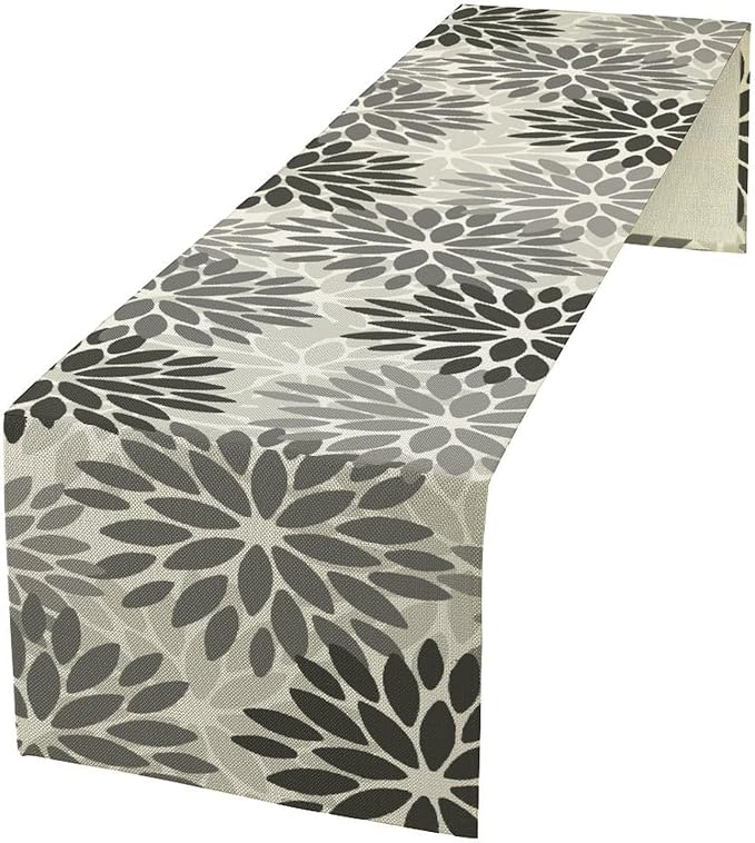 Gray Dahlia Flower Table Runner, Vintage Modern Linen Geometric Pattern Floral - Image 2